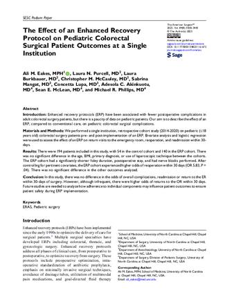 The Effect of an Enhanced Recovery Protocol on Pediatric Colorectal Surgical Patient Outcomes at a Single Institution thumbnail