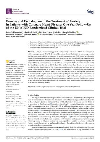 Exercise and Escitalopram in the Treatment of Anxiety in Patients with Coronary Heart Disease: One Year Follow-Up of the UNWIND Randomized Clinical Trial thumbnail