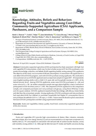 Knowledge, attitudes, beliefs and behaviors regarding fruits and vegetables among cost-offset community-supported agriculture (csa) applicants, purchasers, and a comparison sample thumbnail