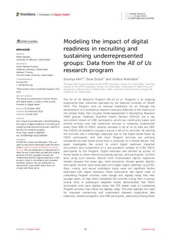 Modeling the impact of digital readiness in recruiting and sustaining underrepresented groups: Data from the All of Us research program thumbnail