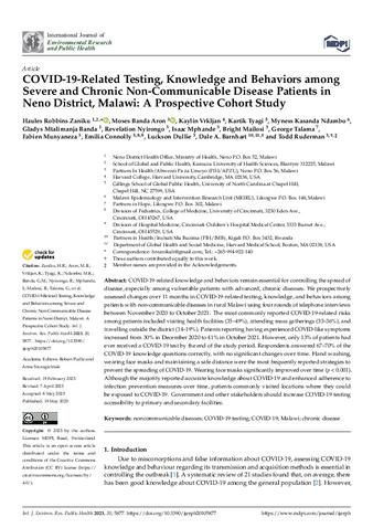COVID-19-Related Testing, Knowledge and Behaviors among Severe and Chronic Non-Communicable Disease Patients in Neno District, Malawi: A Prospective Cohort Study thumbnail