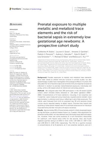 Prenatal exposure to multiple metallic and metalloid trace elements and the risk of bacterial sepsis in extremely low gestational age newborns: A prospective cohort study thumbnail