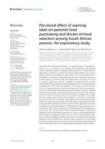 Perceived effect of warning label on parental food purchasing and drivers of food selection among South African parents–An exploratory study thumbnail