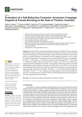 Evaluation of a Salt-Reduction Consumer Awareness Campaign Targeted at Parents Residing in the State of Victoria, Australia thumbnail