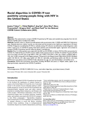 Racial disparities in COVID-19 test positivity among people living with HIV in the United States thumbnail
