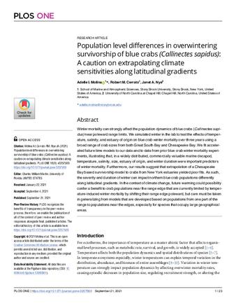Population level differences in overwintering survivorship of blue crabs (Callinectes sapidus): A caution on extrapolating climate sensitivities along latitudinal gradients thumbnail