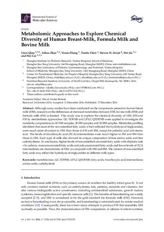 Metabolomic approaches to explore chemical diversity of human breast-milk, formula milk and bovine milk thumbnail
