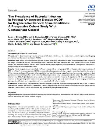 The Prevalence of Bacterial Infection in Patients Undergoing Elective ACDF for Degenerative Cervical Spine Conditions: A Prospective Cohort Study With Contaminant Control thumbnail