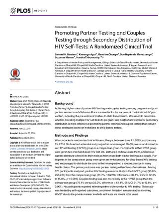 Promoting Partner Testing and Couples Testing through Secondary Distribution of HIV Self-Tests: A Randomized Clinical Trial thumbnail