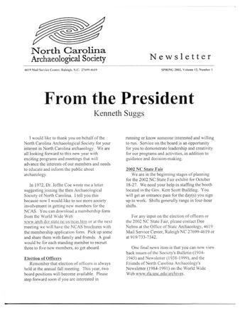 North Carolina Archaeological Society Newsletter Volume 12 Number 1 thumbnail