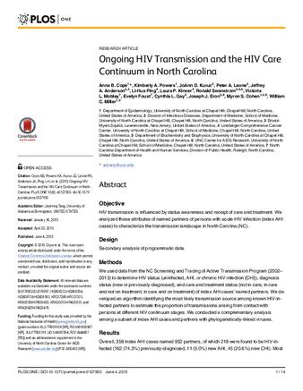 Ongoing HIV Transmission and the HIV Care Continuum in North Carolina thumbnail