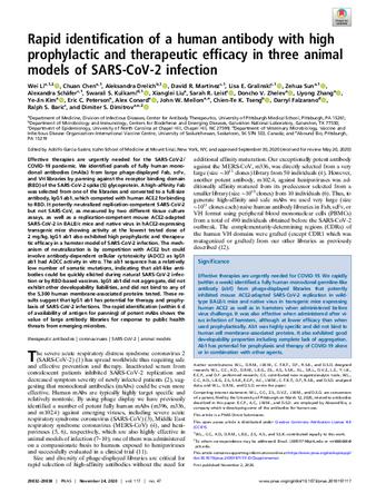 Rapid identification of a human antibody with high prophylactic and therapeutic efficacy in three animal models of SARS-CoV-2 infection thumbnail