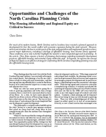 Opportunities and Challenges of the North Carolina Planning Crisis: Why Housing Affordability and Regional Equity are Critical to Success thumbnail