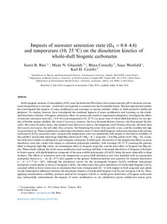 Impacts of seawater saturation state (ΩA = 0.4–4.6) and temperature (10, 25 °C) on the dissolution kinetics of whole-shell biogenic carbonates thumbnail