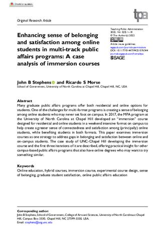 Enhancing sense of belonging and satisfaction among online students in multi-track public affairs programs: A case analysis of immersion courses thumbnail