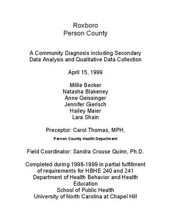Roxboro, Person County : a community diagnosis including secondary data analysis and qualitative data collection thumbnail