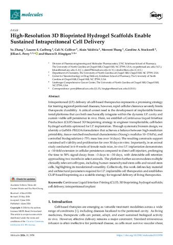 High-Resolution 3D Bioprinted Hydrogel Scaffolds Enable Sustained Intraperitoneal Cell Delivery thumbnail