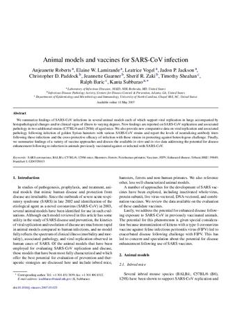 Animal models and vaccines for SARS-CoV infection thumbnail