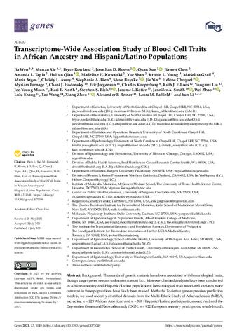 Transcriptome-wide association study of blood cell traits in african ancestry and hispanic/latino populations