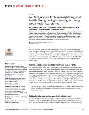 A critical juncture for human rights in global health: Strengthening human rights through global health law reforms thumbnail