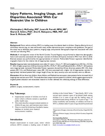 Injury Patterns, Imaging Usage, and Disparities Associated With Car Restraint Use in Children