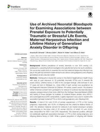 Use of archived neonatal bloodspots for examining associations between prenatal exposure to potentially traumatic or stressful life events, maternal herpesvirus infection and lifetime history of generalized anxiety disorder in offspring thumbnail