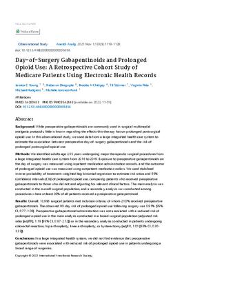 Day-of-Surgery Gabapentinoids and Prolonged Opioid Use: A Retrospective Cohort Study of Medicare Patients Using Electronic Health Records thumbnail