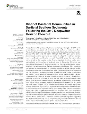 Distinct Bacterial Communities in Surficial Seafloor Sediments Following the 2010 Deepwater Horizon Blowout thumbnail