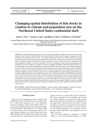 Changing spatial distribution of fish stocks in relation to climate and population size on the Northeast United States continental shelf thumbnail
