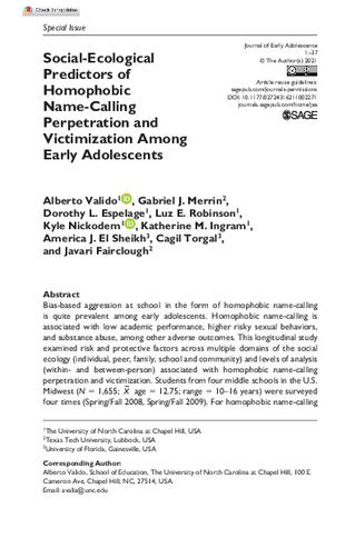 Social-Ecological Predictors of Homophobic Name-Calling Perpetration and Victimization Among Early Adolescents thumbnail