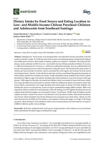 Dietary intake by food source and eating location in low- and middle-income chilean preschool children and adolescents from southeast Santiago thumbnail