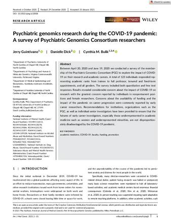 Psychiatric genomics research during the COVID-19 pandemic: A survey of Psychiatric Genomics Consortium researchers thumbnail