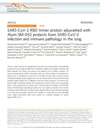 SARS-CoV-2 RBD trimer protein adjuvanted with Alum-3M-052 protects from SARS-CoV-2 infection and immune pathology in the lung thumbnail