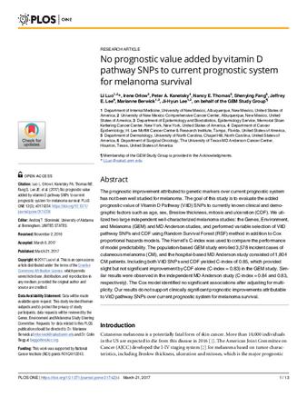 No prognostic value added by vitamin D pathway SNPs to current prognostic system for melanoma survival thumbnail