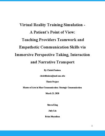 "Virtual Reality Training Simulation - A Patient’s Point of View: Teaching Providers Teamwork and Empathetic Communication Skills via Immersive Perspective Taking, Interaction and Narrative Transport"