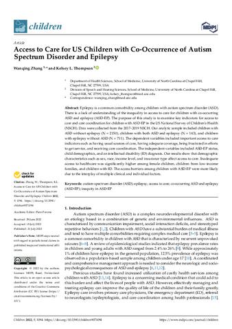 Access to Care for US Children with Co-Occurrence of Autism Spectrum Disorder and Epilepsy thumbnail