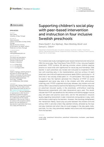 Supporting children’s social play with peer-based intervention and instruction in four inclusive Swedish preschools thumbnail