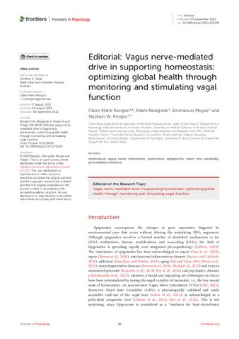 Editorial: Vagus nerve-mediated drive in supporting homeostasis: optimizing global health through monitoring and stimulating vagal function thumbnail
