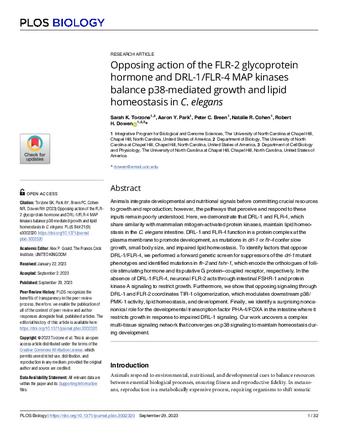 Opposing action of the FLR-2 glycoprotein hormone and DRL-1/FLR-4 MAP kinases balance p38-mediated growth and lipid homeostasis in C. elegans thumbnail