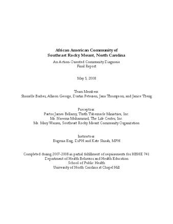 African American community of southeast Rocky Mount, North Carolina : an action-oriented community diagnosis final report thumbnail