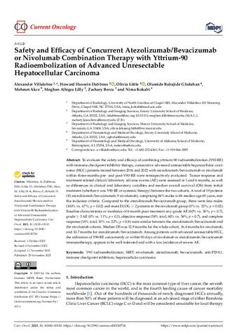 Safety and Efficacy of Concurrent Atezolizumab/Bevacizumab or Nivolumab Combination Therapy with Yttrium-90 Radioembolization of Advanced Unresectable Hepatocellular Carcinoma thumbnail