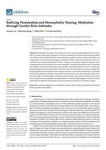 Bullying Perpetration and Homophobic Teasing: Mediation through Gender Role Attitudes thumbnail