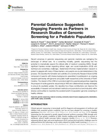 Parental Guidance Suggested: Engaging Parents as Partners in Research Studies of Genomic Screening for a Pediatric Population thumbnail