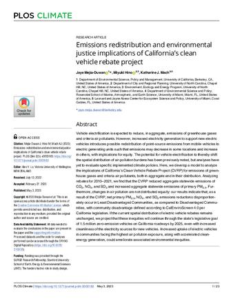 Emissions redistribution and environmental justice implications of California’s clean vehicle rebate project thumbnail