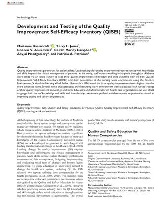 Development and Testing of the Quality Improvement Self-efficacy Inventory
