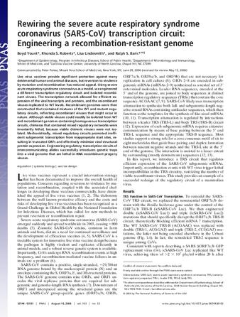 Rewiring the severe acute respiratory syndrome coronavirus (SARS-CoV) transcription circuit: Engineering a recombination-resistant genome thumbnail