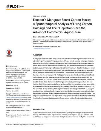 Ecuador’s Mangrove Forest Carbon Stocks: A Spatiotemporal Analysis of Living Carbon Holdings and Their Depletion since the Advent of Commercial Aquaculture thumbnail