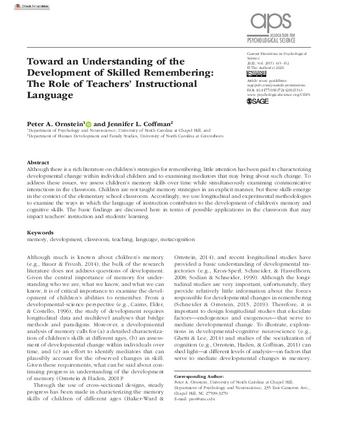 Toward an Understanding of the Development of Skilled Remembering: The Role of Teachers’ Instructional Language thumbnail