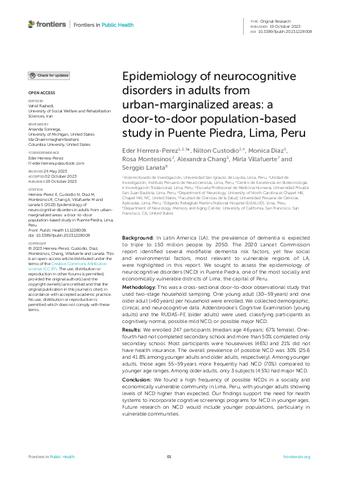 Epidemiology of neurocognitive disorders in adults from urban-marginalized areas: a door-to-door population-based study in Puente Piedra, Lima, Peru