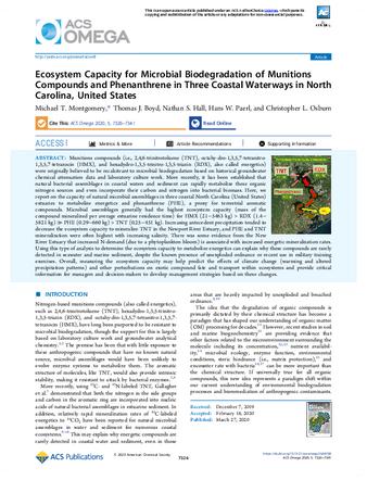 Ecosystem Capacity for Microbial Biodegradation of Munitions Compounds and Phenanthrene in Three Coastal Waterways in North Carolina, United States thumbnail